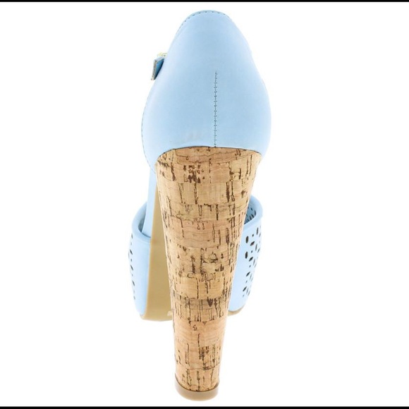 🎉Restocked🎉 Baby Blue Nubuck Ankle Strap Cork High Heeled Platform Sandals - Picture 2 of 3